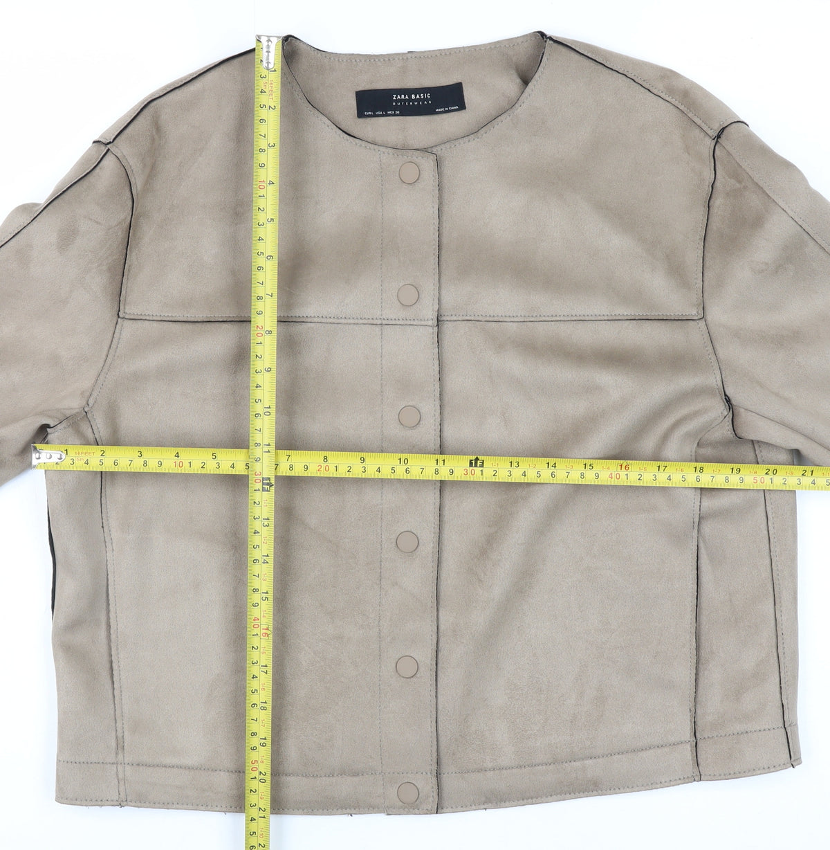 Zara Basic Women Beige L Faux Suede Collarless Snap Jacket