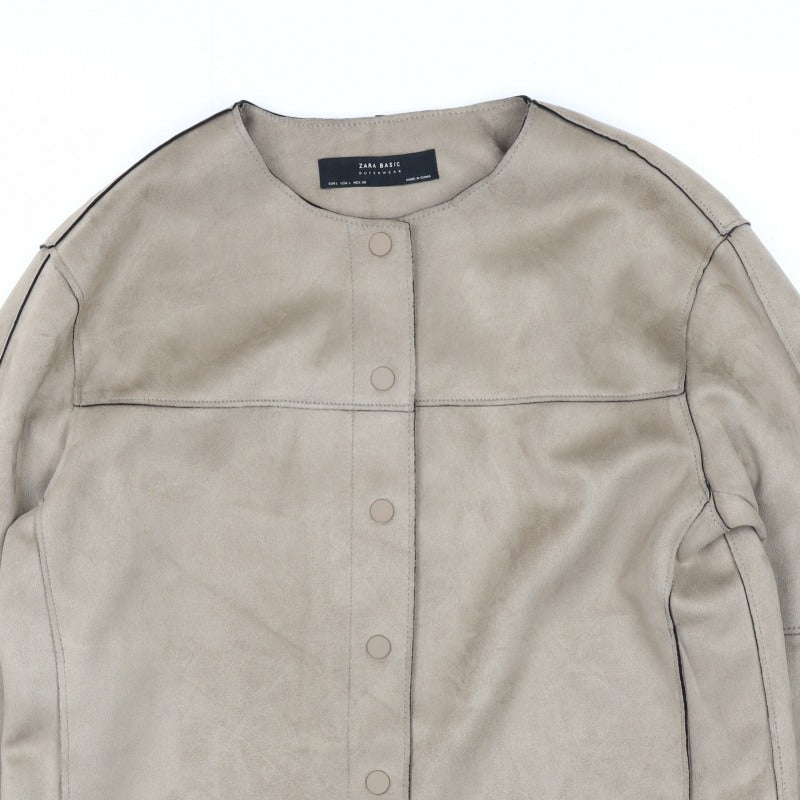 Zara Basic Women Beige L Faux Suede Collarless Snap Jacket
