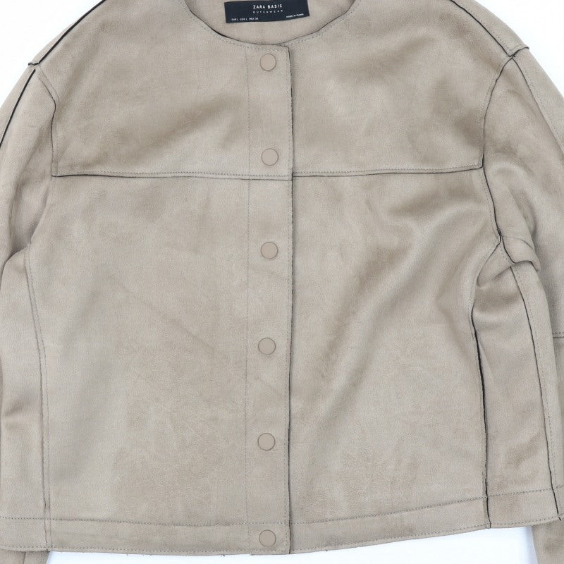 Zara Basic Women Beige L Faux Suede Collarless Snap Jacket