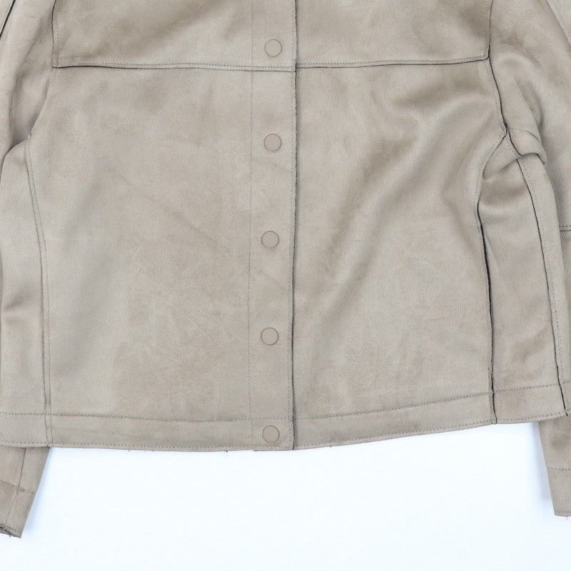 Zara Basic Women Beige L Faux Suede Collarless Snap Jacket