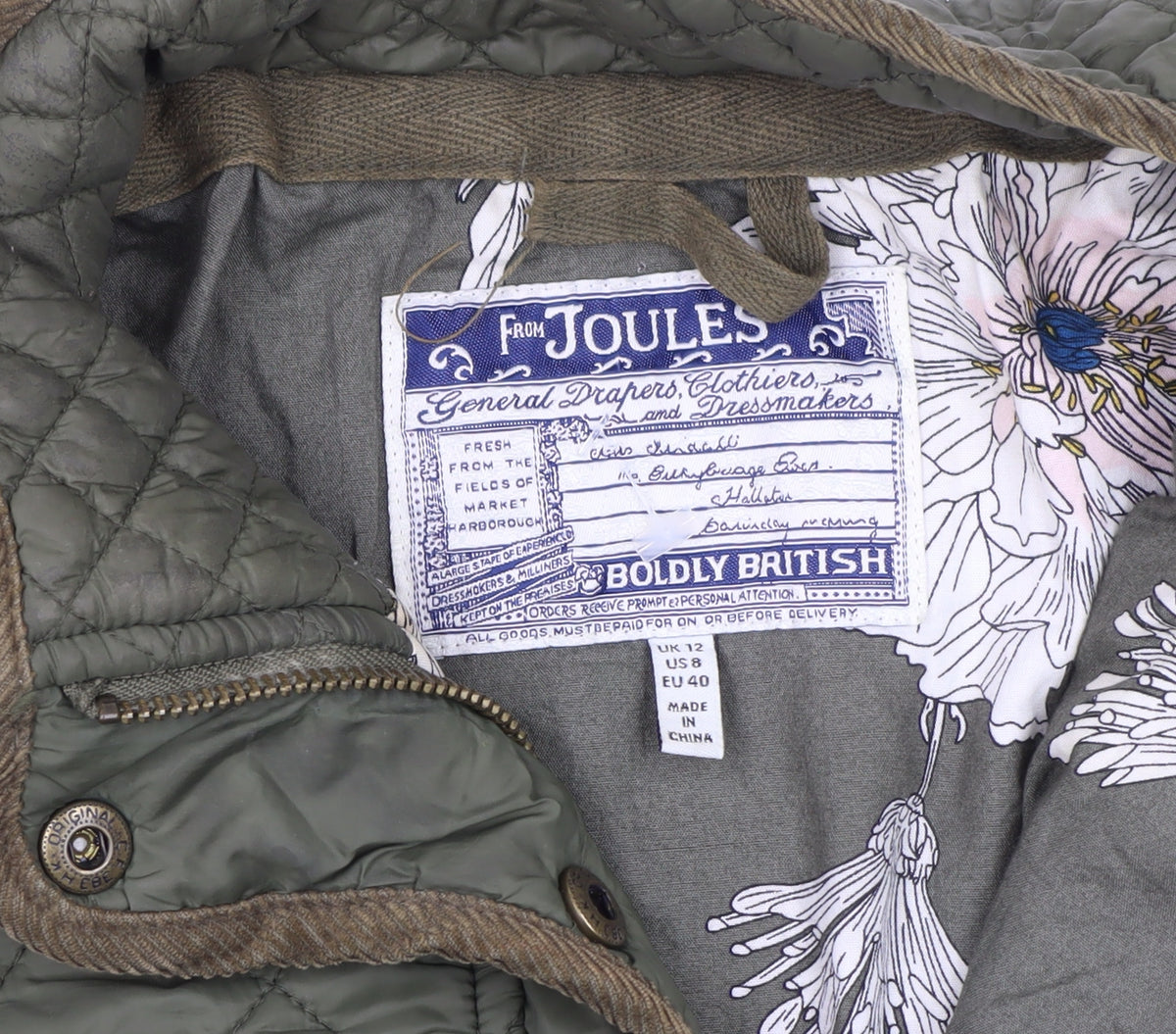 Joules Women’s Green UK 12 Quilted Padded Jacket Collared