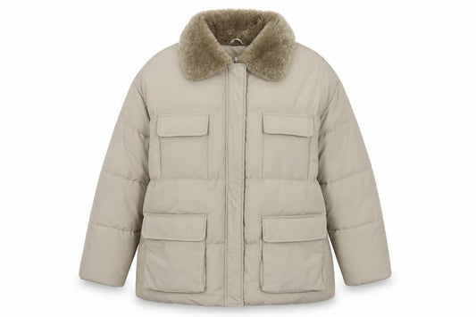 ASOS Design Women’s Beige UK 18 Long Puffer Jacket Faux Fur Collar