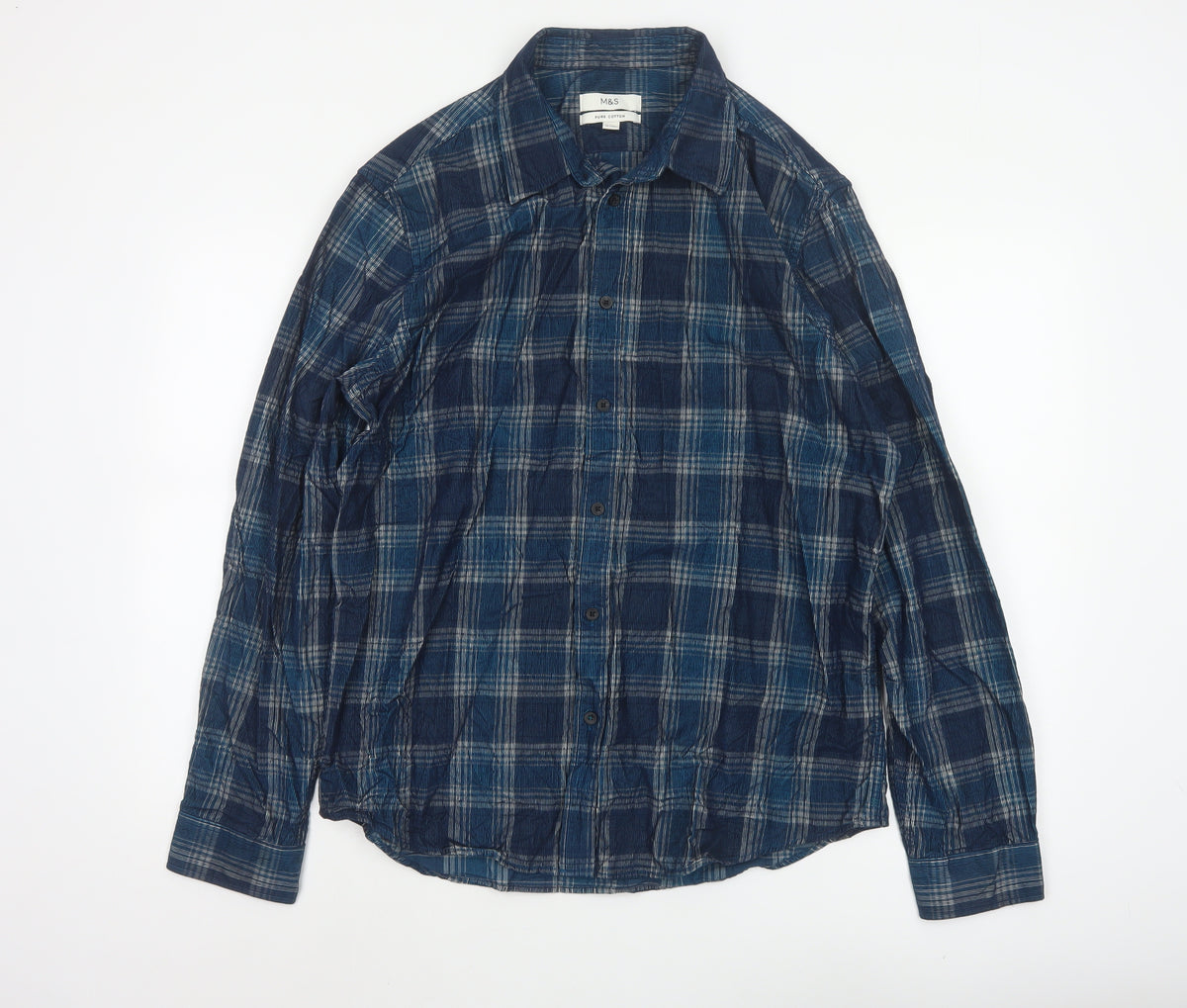 Marks & Spencer Men's Blue L Regular Plaid Cotton Long Sleeve Shirt