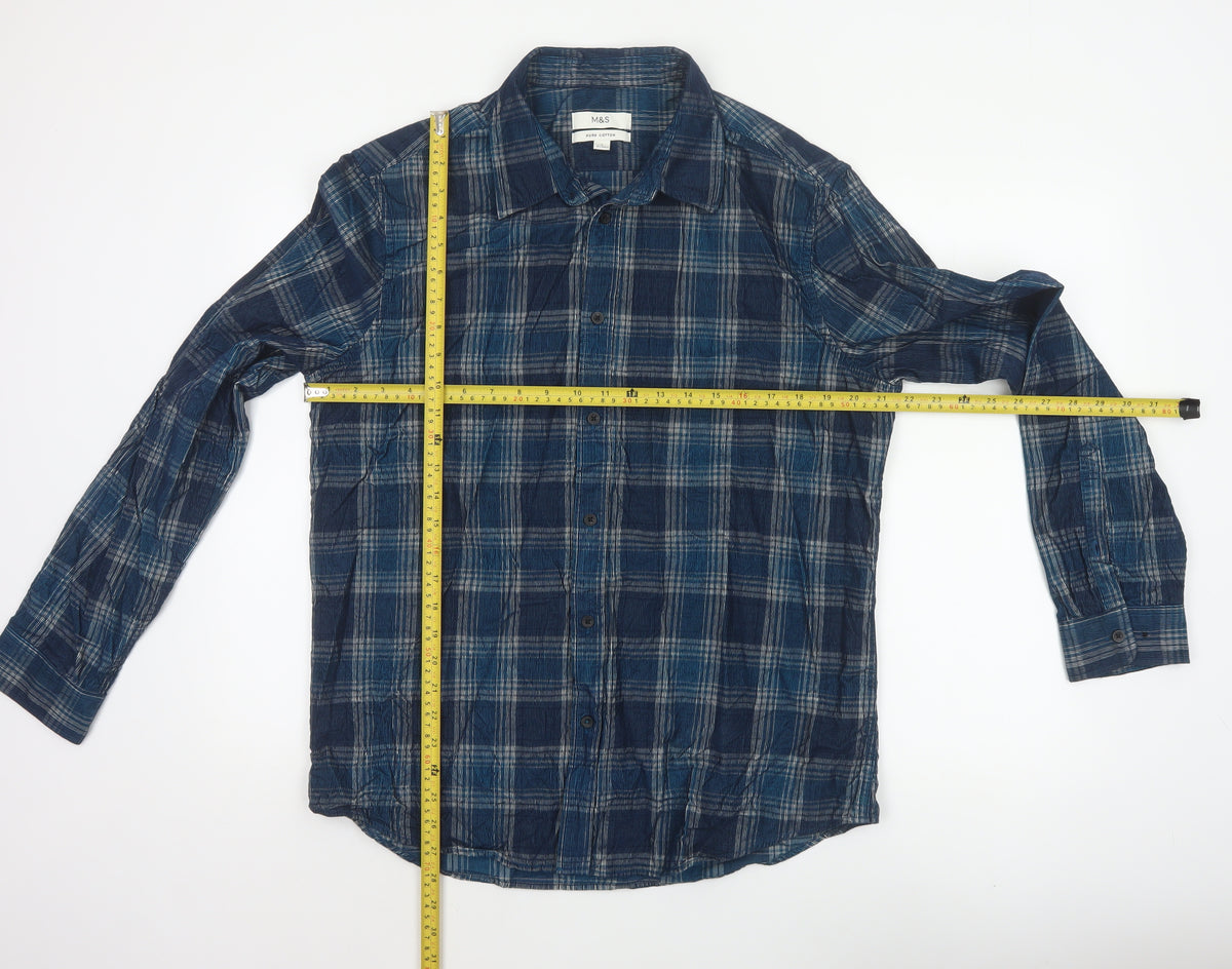 Marks & Spencer Men's Blue L Regular Plaid Cotton Long Sleeve Shirt