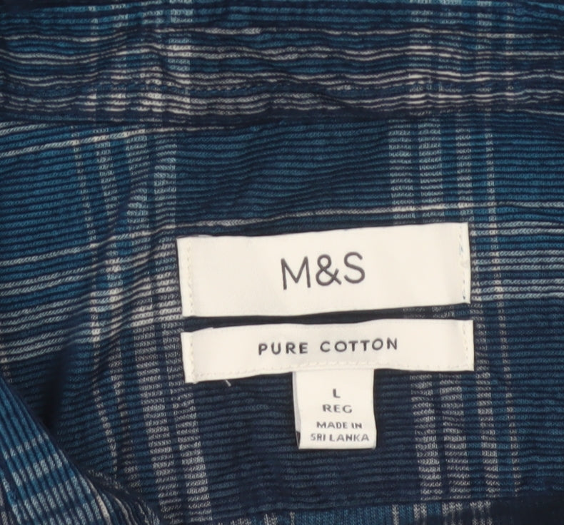 Marks & Spencer Men's Blue L Regular Plaid Cotton Long Sleeve Shirt