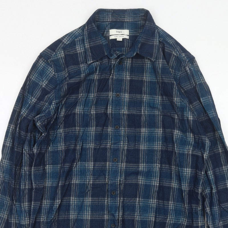 Marks & Spencer Men's Blue L Regular Plaid Cotton Long Sleeve Shirt