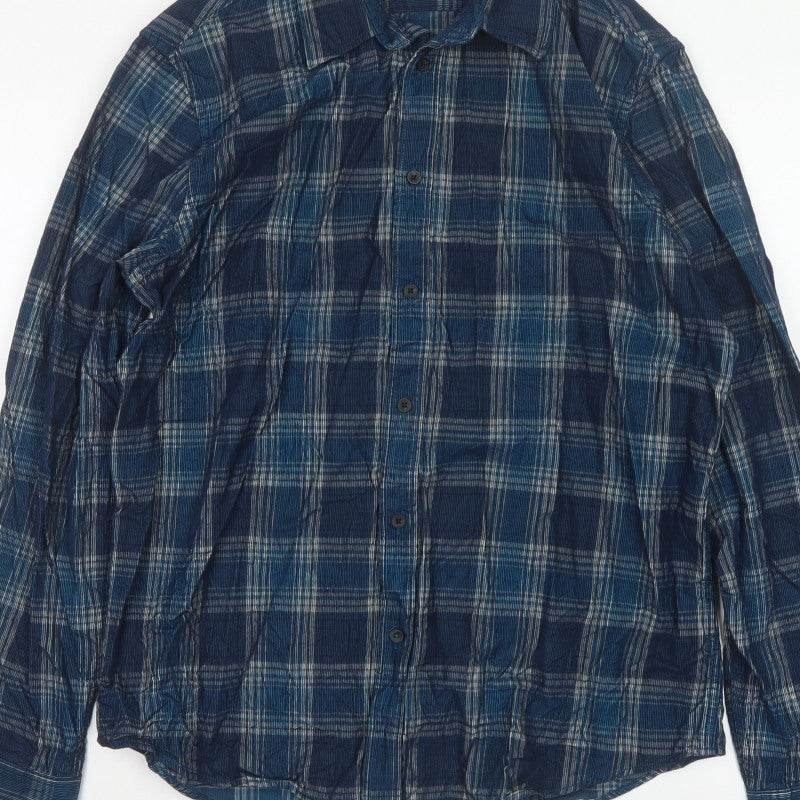 Marks & Spencer Men's Blue L Regular Plaid Cotton Long Sleeve Shirt