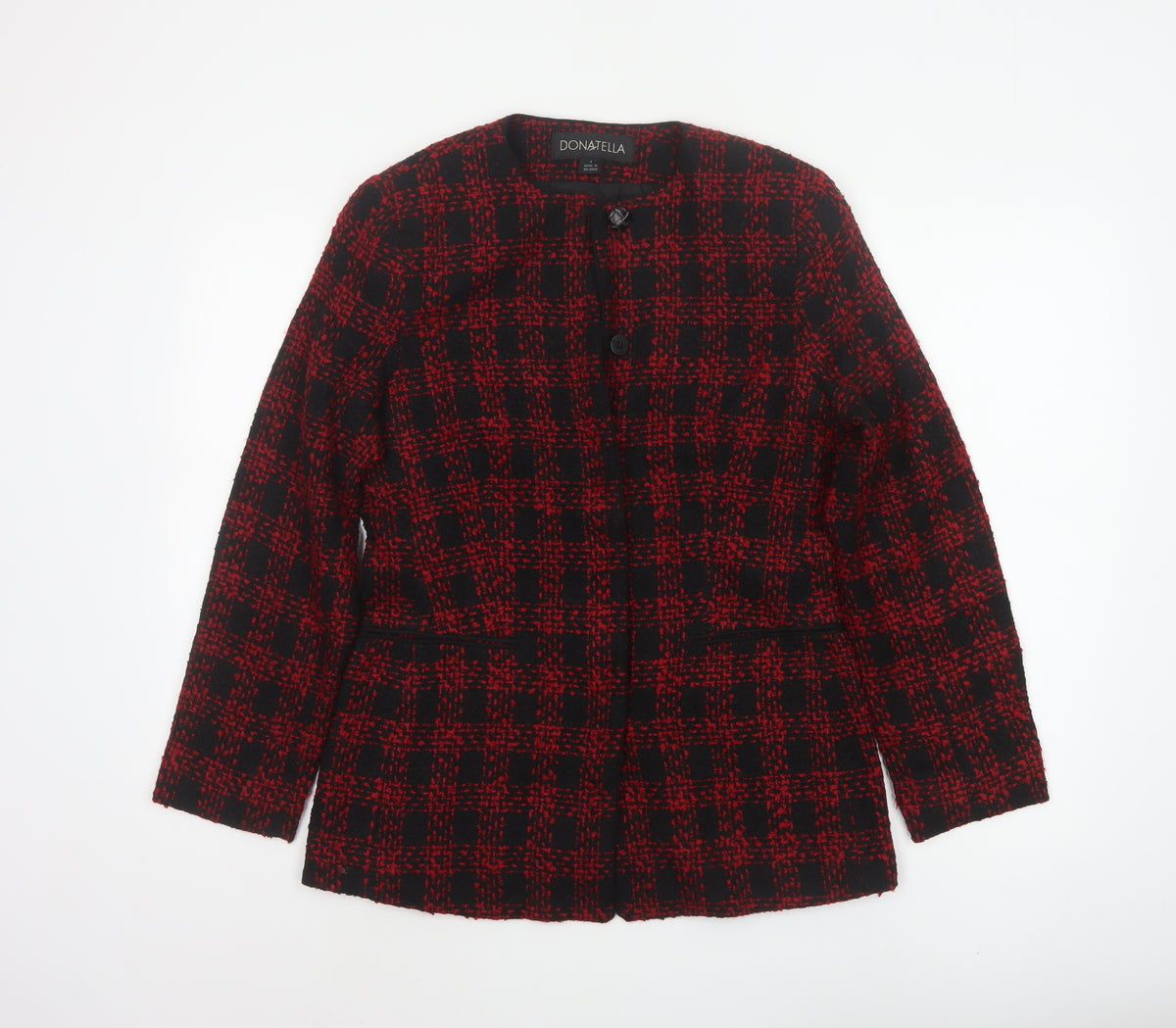 Donatella Women’s Red Black Check Tweed Button Jacket Size 4