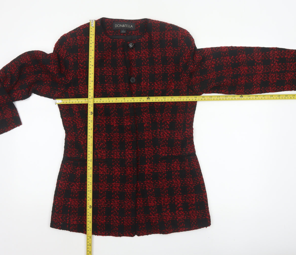 Donatella Women’s Red Black Check Tweed Button Jacket Size 4