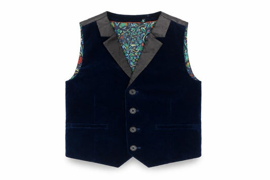 Next Boys Blue Velvet Tuxedo Waistcoat Age 3-4 Years Formal Floral Lining