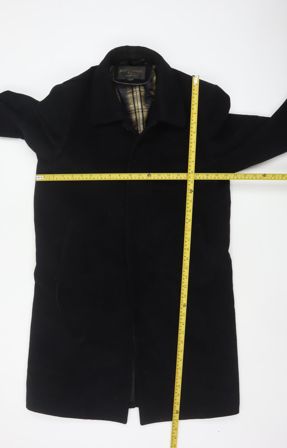 Huangjinniao Men’s Black 36 Long Wool-Feel Overcoat Lined