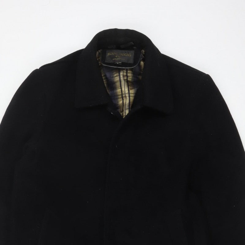 Huangjinniao Men’s Black 36 Long Wool-Feel Overcoat Lined
