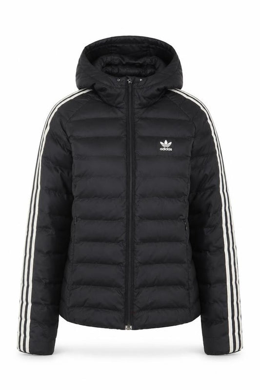 Adidas Women Black UK 14 Hooded Puffer Jacket 3 Stripe Quilted