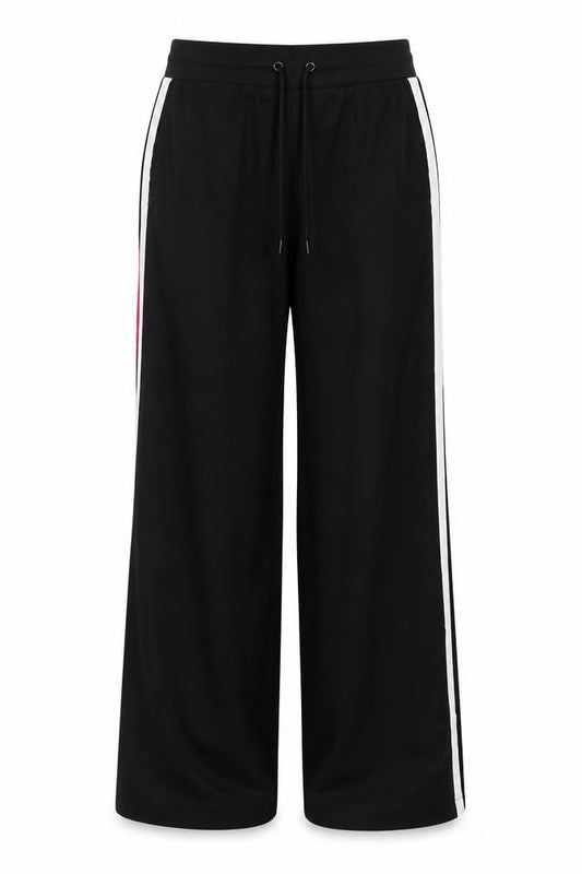 M&S Women Black Pink Stripe Wide Leg Drawstring Trousers UK 12