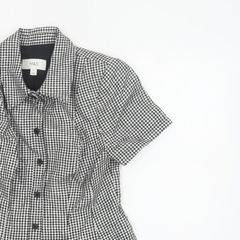 Marks & Spencer Women Black White UK 10 Check Ruffle Linen Blouse