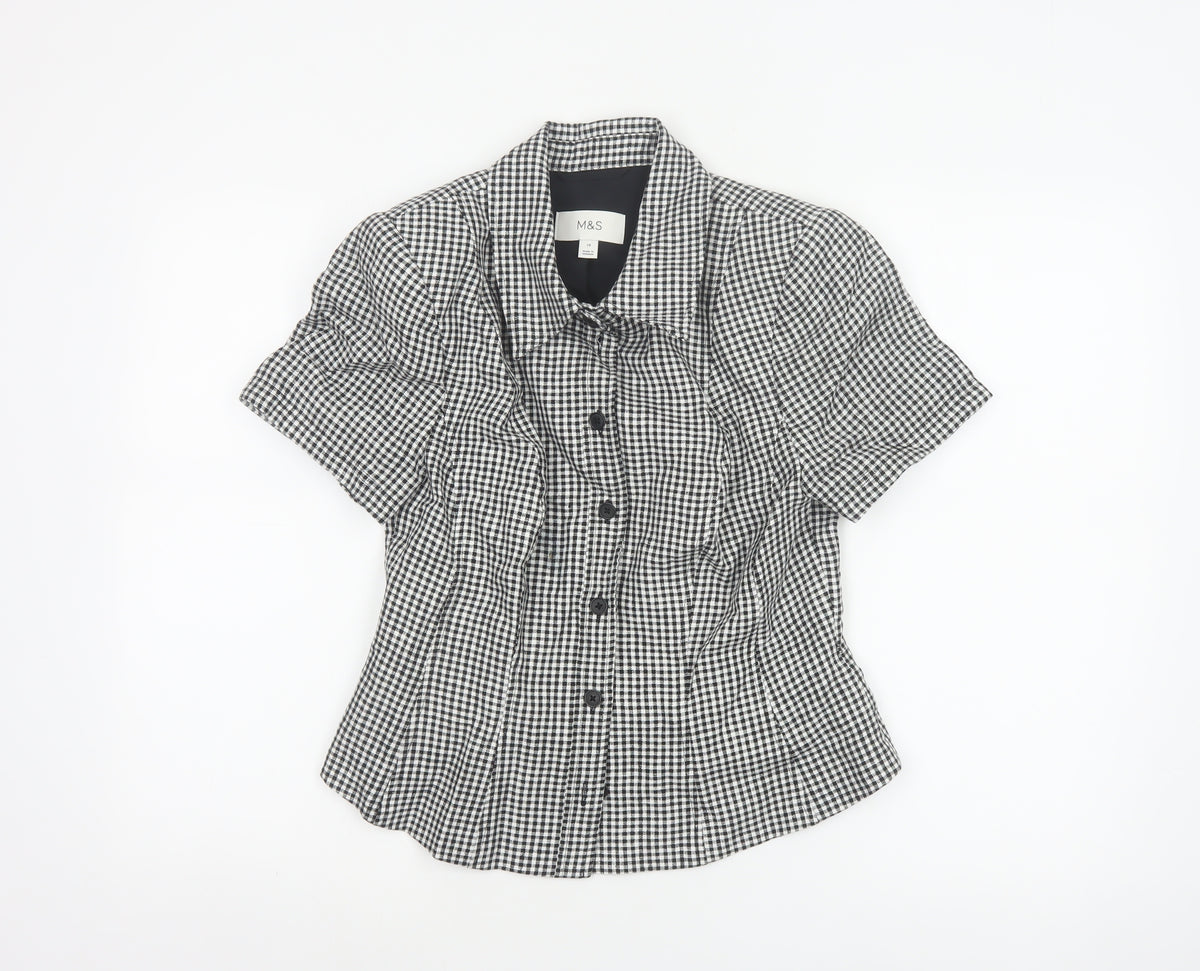 Marks & Spencer Women Black White UK 10 Check Ruffle Linen Blouse