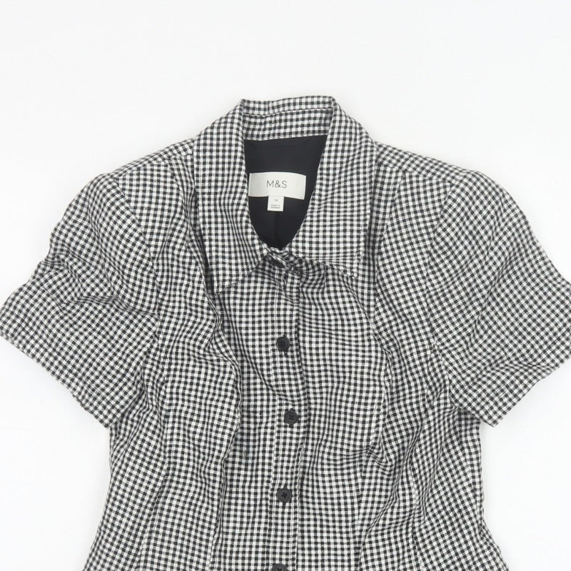Marks & Spencer Women Black White UK 10 Check Ruffle Linen Blouse