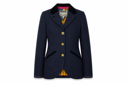 Joules Women’s Navy Blue UK 8 Wool Herringbone Blazer Velvet Trim
