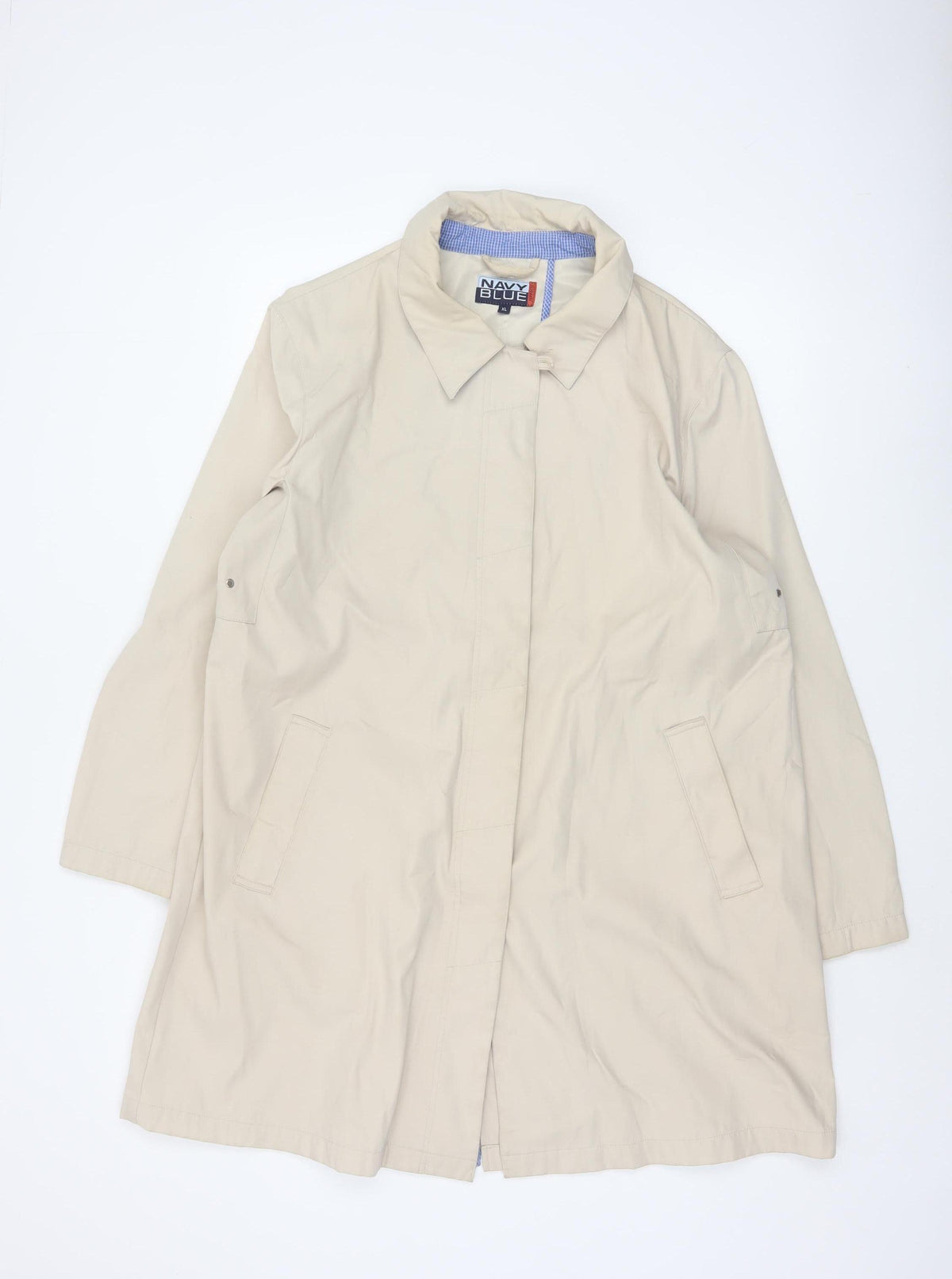 Navy Blue Mens Beige XL Long Rain Coat Concealed Zip Lightweight