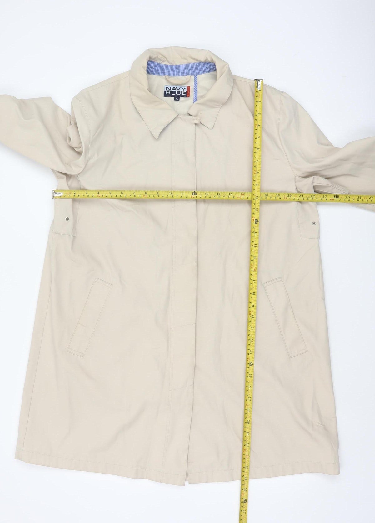Navy Blue Mens Beige XL Long Rain Coat Concealed Zip Lightweight
