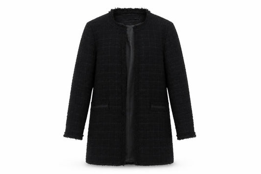 Zara Women Black UK 12 Textured Tweed Wool Blend Open Long Overcoat