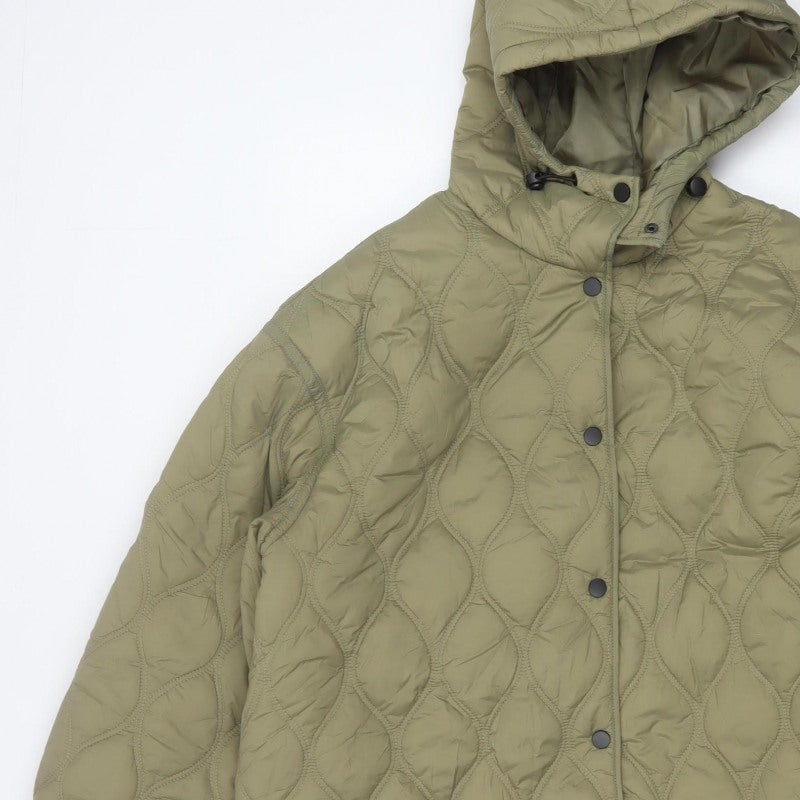 Primark Women Green M Quilted Hooded Puffer Jacket Snap Front