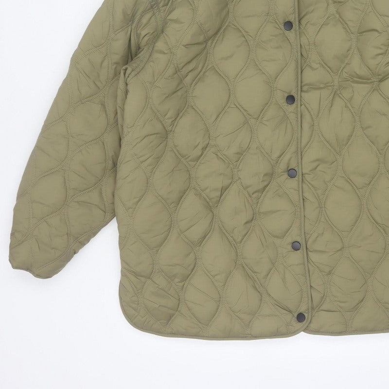 Primark Women Green M Quilted Hooded Puffer Jacket Snap Front
