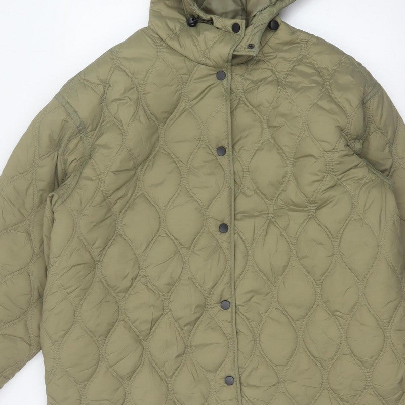 Primark Women Green M Quilted Hooded Puffer Jacket Snap Front