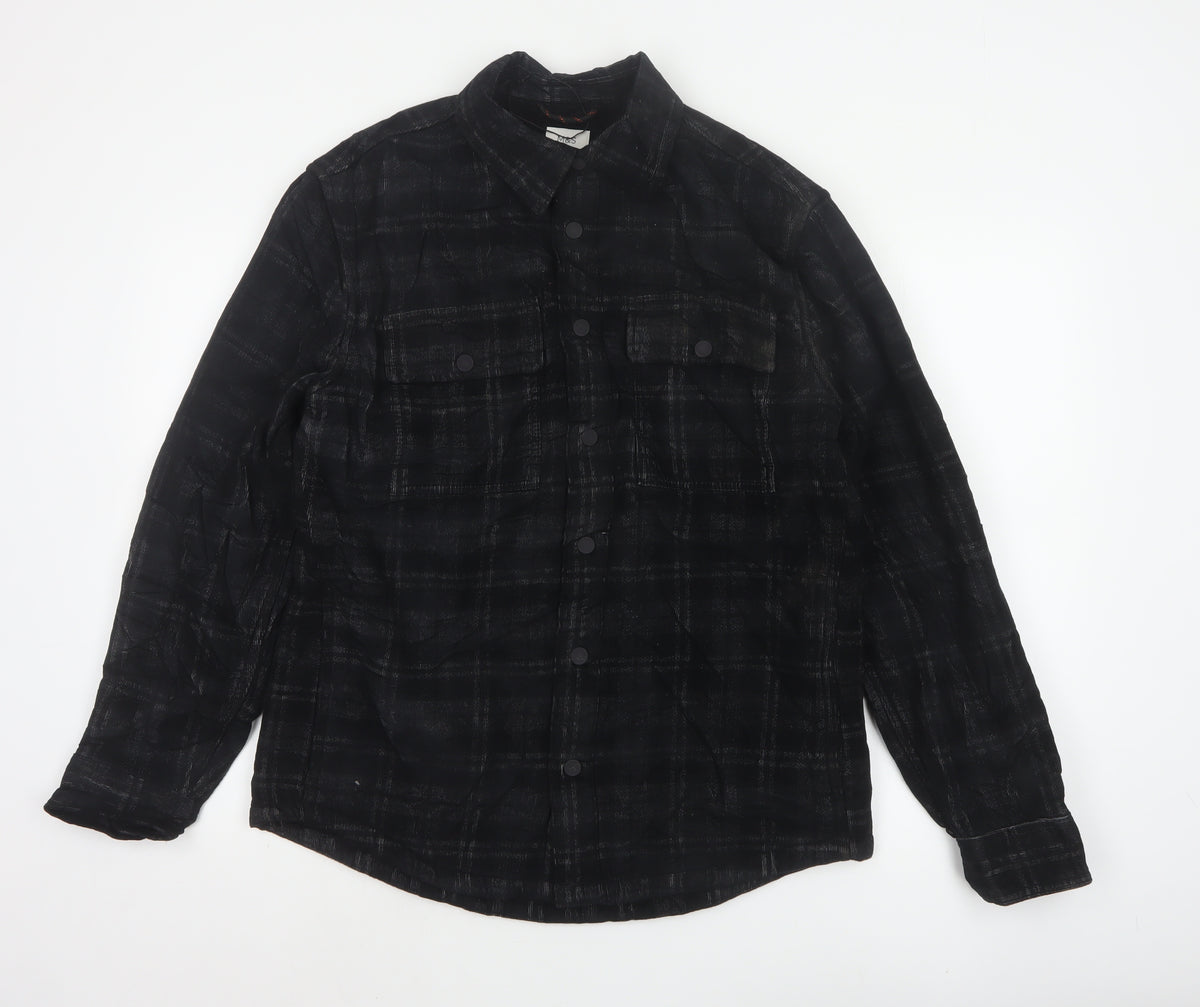 M&S Men’s Black Plaid Overshirt Jacket Size S Button Up Pockets