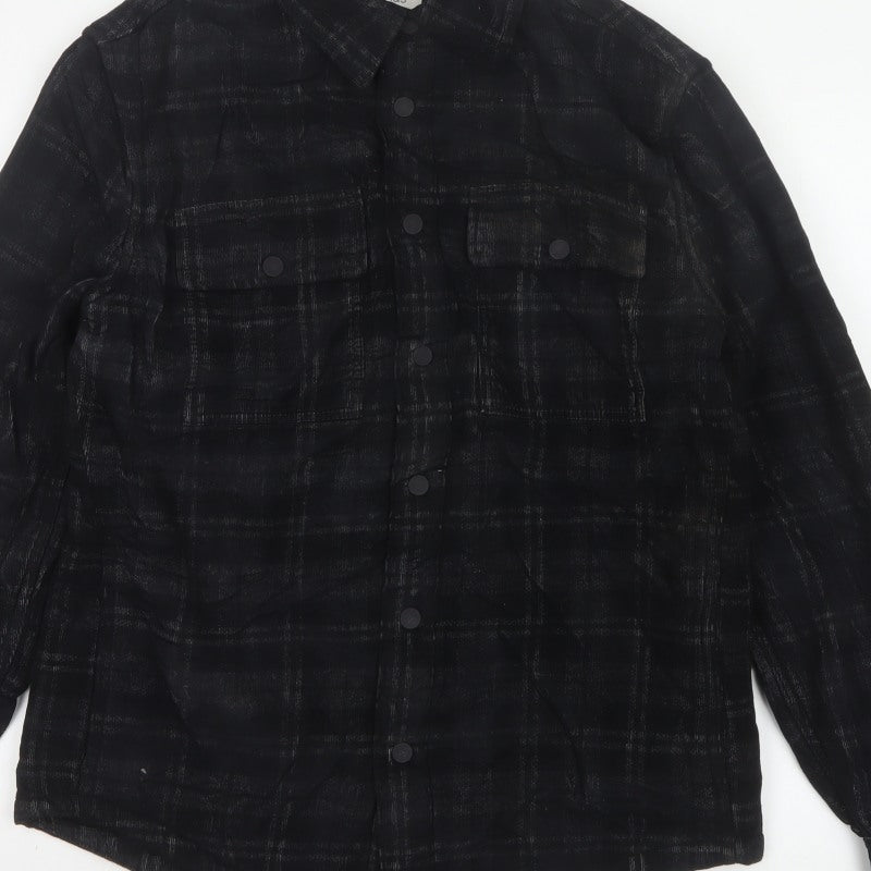 M&S Men’s Black Plaid Overshirt Jacket Size S Button Up Pockets