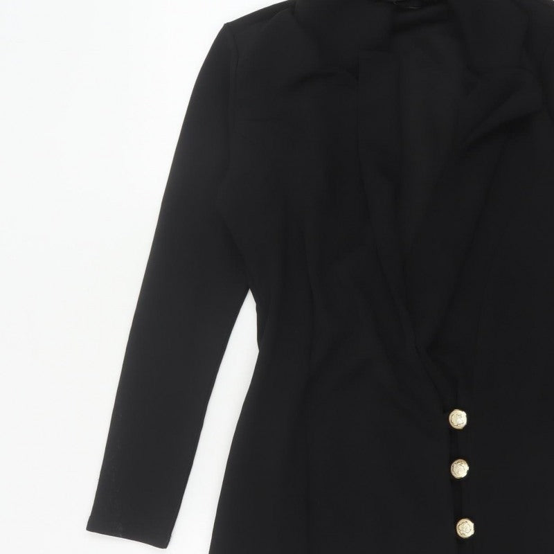 Boohoo Women Black UK 10 Gold Button Collared Jacket Dress
