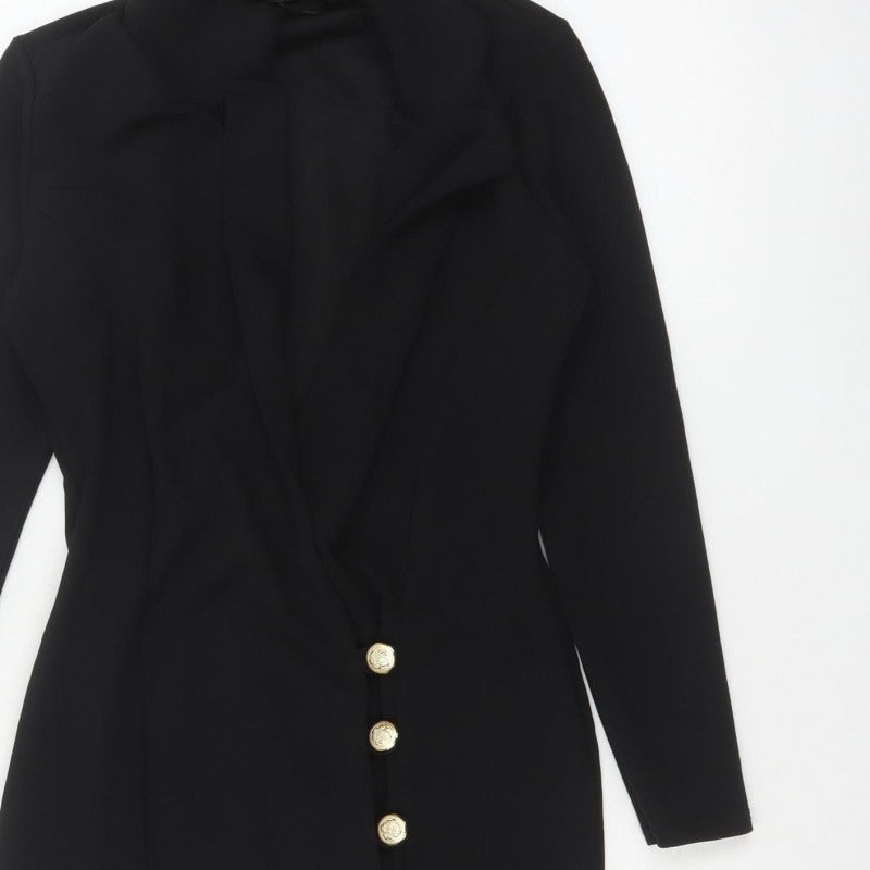 Boohoo Women Black UK 10 Gold Button Collared Jacket Dress