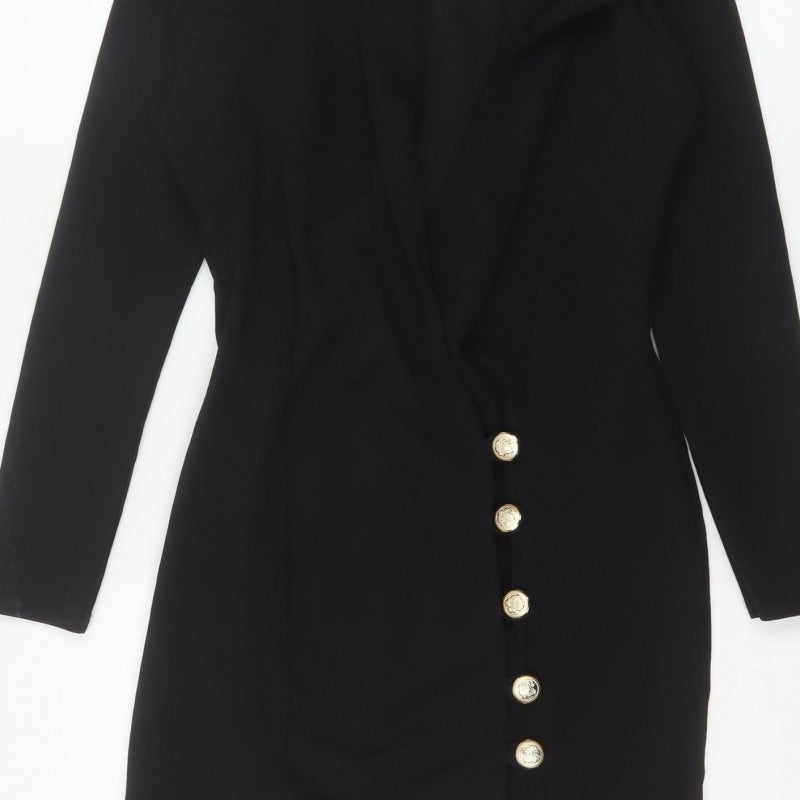 Boohoo Women Black UK 10 Gold Button Collared Jacket Dress