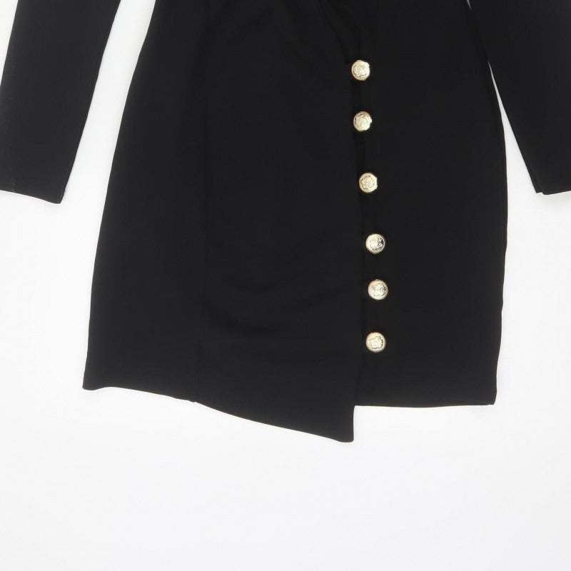 Boohoo Women Black UK 10 Gold Button Collared Jacket Dress
