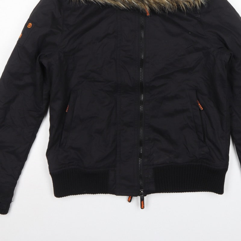 Superdry Men Black XL Microfibre Windbomber Hooded Fur Trim Jacket