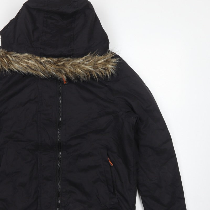 Superdry Men Black XL Microfibre Windbomber Hooded Fur Trim Jacket