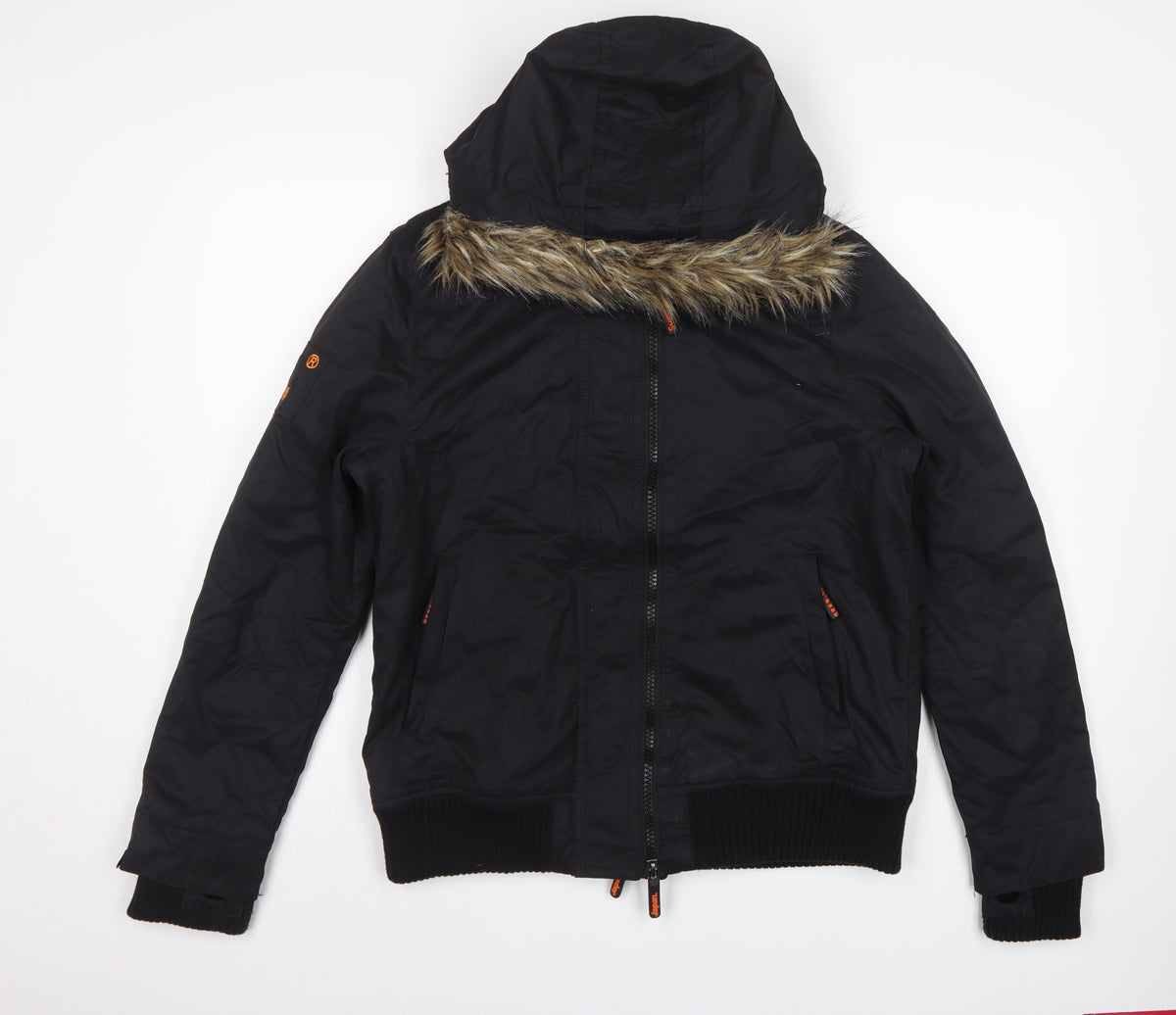 Superdry Men Black XL Microfibre Windbomber Hooded Fur Trim Jacket