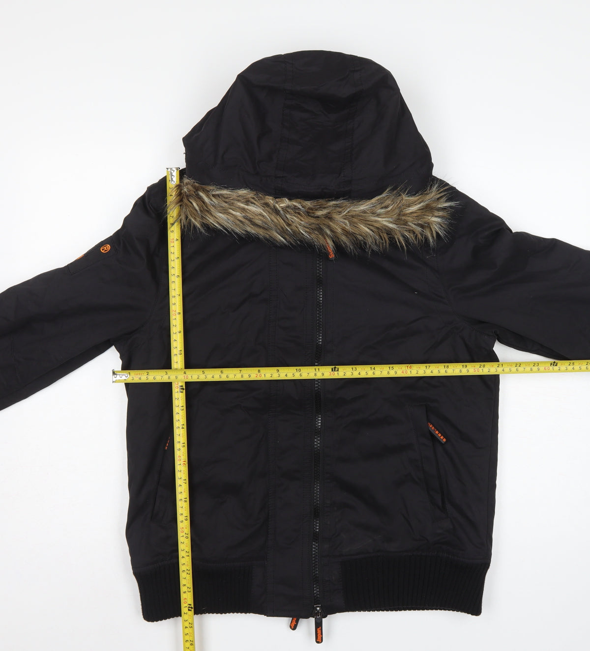 Superdry Men Black XL Microfibre Windbomber Hooded Fur Trim Jacket