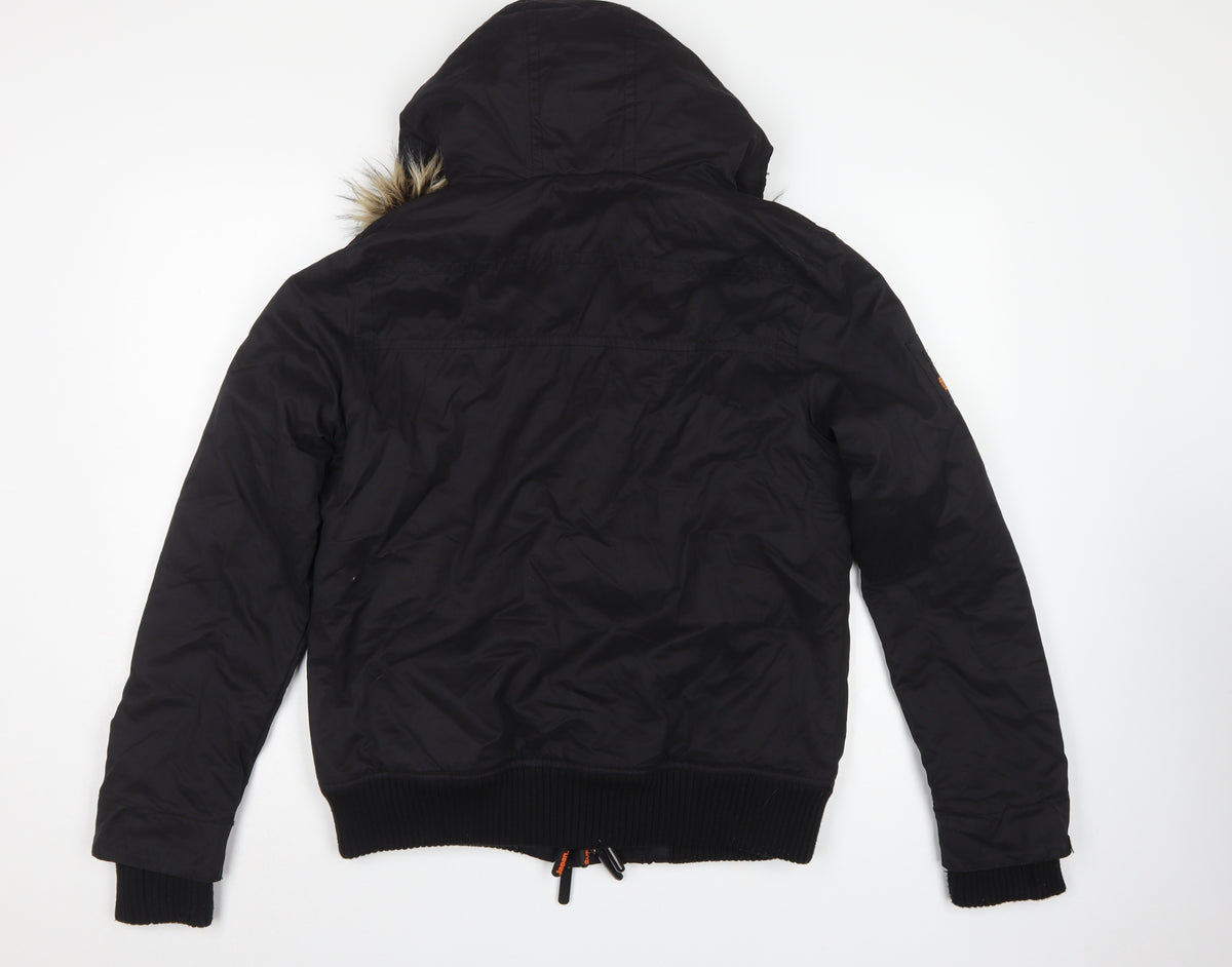 Superdry Men Black XL Microfibre Windbomber Hooded Fur Trim Jacket