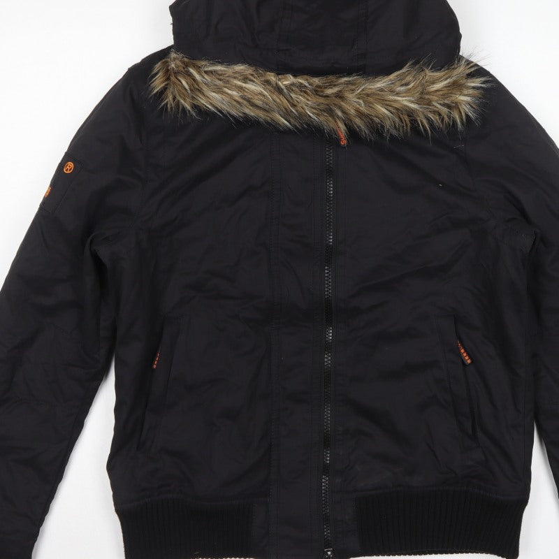 Superdry Men Black XL Microfibre Windbomber Hooded Fur Trim Jacket