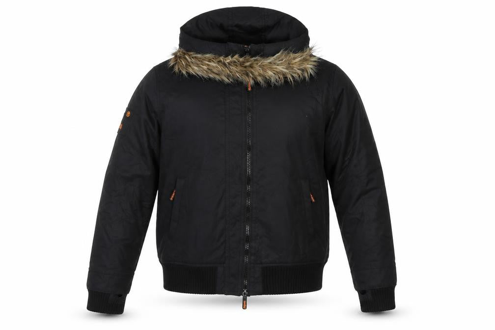 Superdry Men Black XL Microfibre Windbomber Hooded Fur Trim Jacket