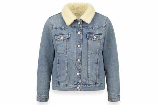 Topshop Moto Women's Blue UK 12 Denim Faux Fur Collar Jacket