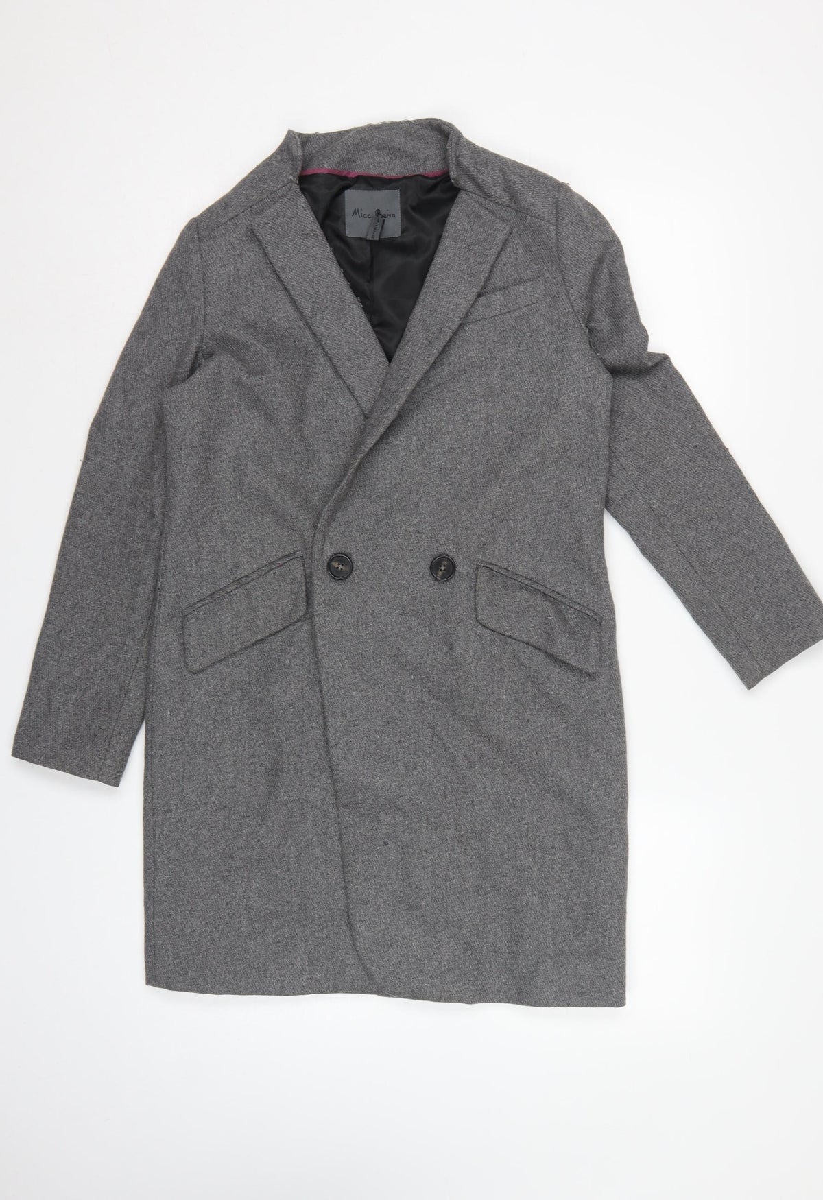 Micc Beirn Men's Grey Herringbone Long Overcoat Lined Size S