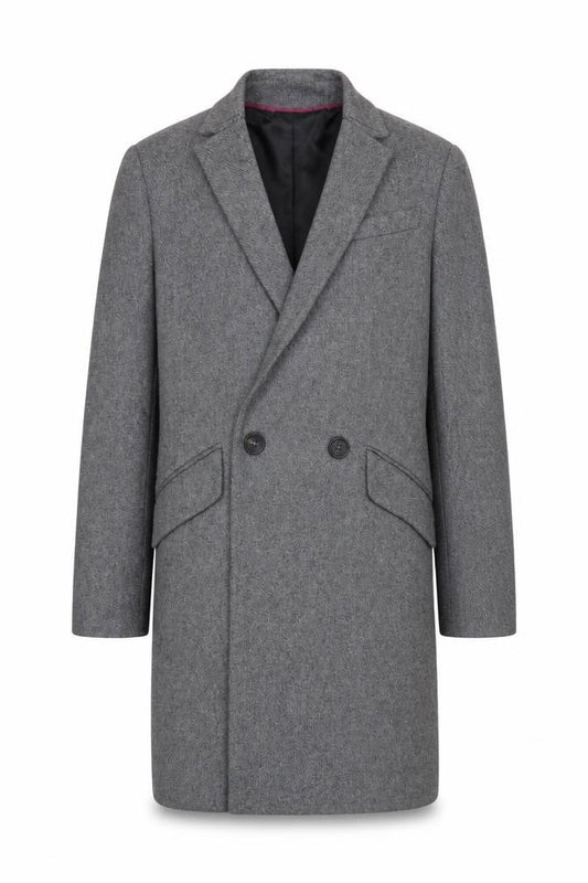 Micc Beirn Men's Grey Herringbone Long Overcoat Lined Size S