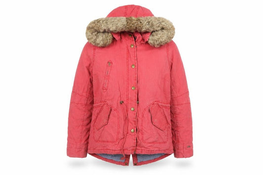 Hilfiger Denim Women Red XL Hooded Cotton Parka Fur Trim Jacket