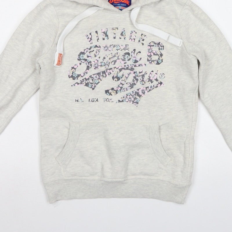 Superdry Women Grey M Pullover Hoodie Floral Logo Pocket