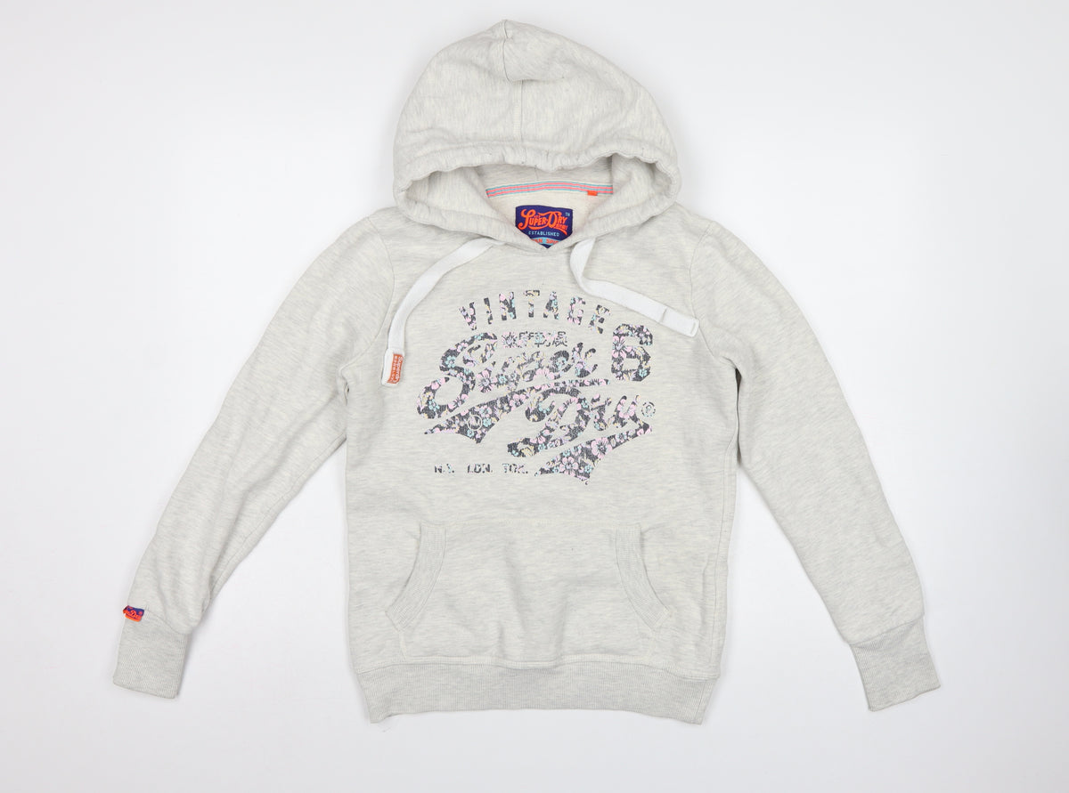 Superdry Women Grey M Pullover Hoodie Floral Logo Pocket