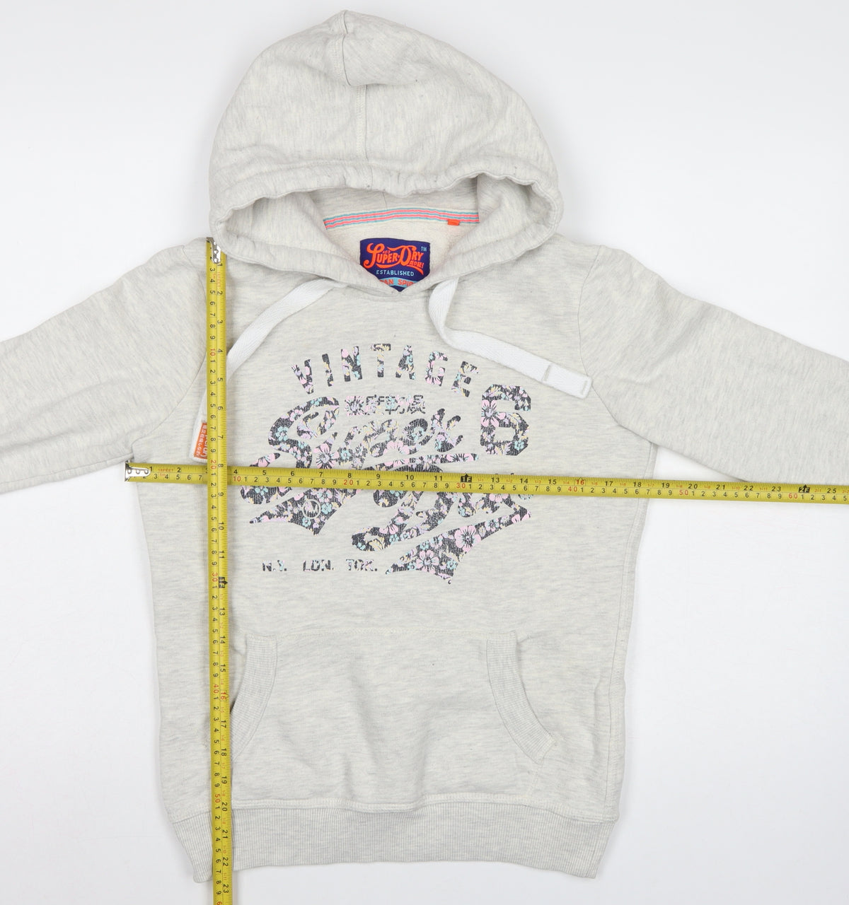 Superdry Women Grey M Pullover Hoodie Floral Logo Pocket