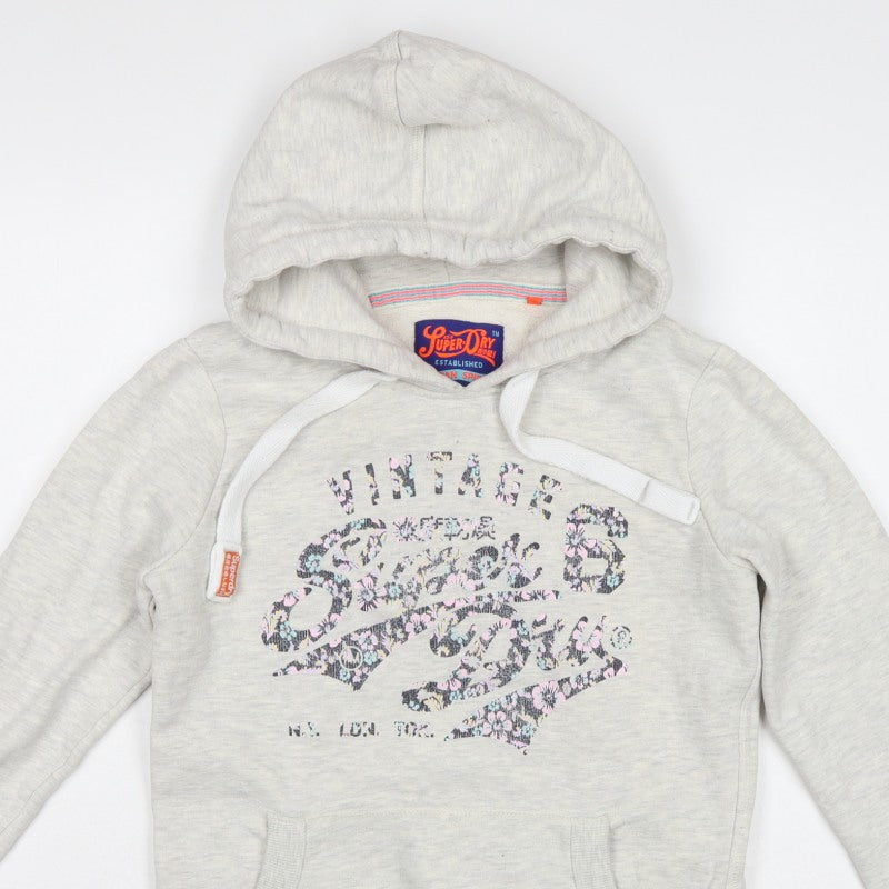 Superdry Women Grey M Pullover Hoodie Floral Logo Pocket