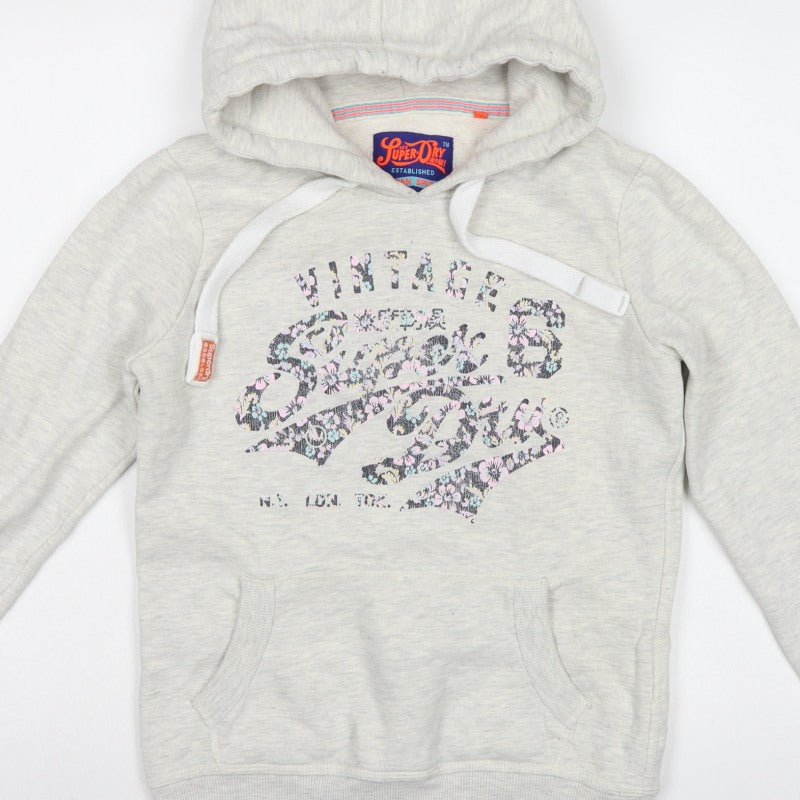 Superdry Women Grey M Pullover Hoodie Floral Logo Pocket